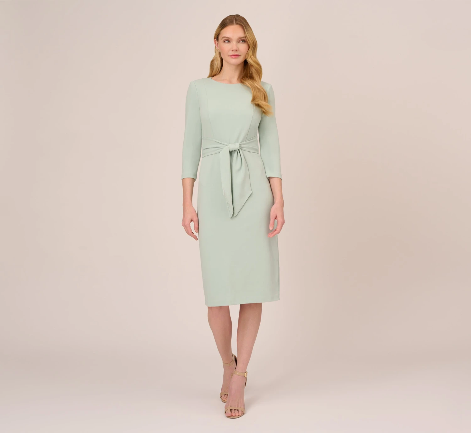 Adrianna Papell Knit Crepe Bow Sheath Dress With Three Quarter Sleeves In Icy Sage 6 Adrianna Papell Knit Crepe Bow Sheath Dress With Three Quarter Sleeves In Icy Sage - Image 6