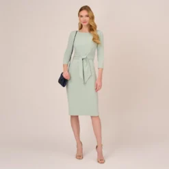 Adrianna Papell Knit Crepe Bow Sheath Dress With Three Quarter Sleeves In Icy Sage 9 Adrianna Papell Knit Crepe Bow Sheath Dress With Three Quarter Sleeves In Icy Sage -Glam Mirth Sales AP1D103175 AB334 Regular Side