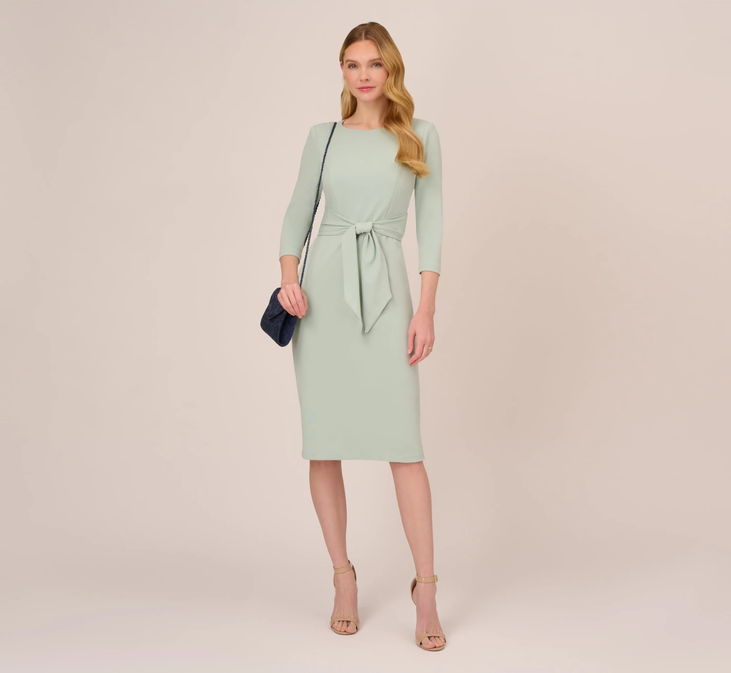 Adrianna Papell Knit Crepe Bow Sheath Dress With Three Quarter Sleeves In Icy Sage 4 Adrianna Papell Knit Crepe Bow Sheath Dress With Three Quarter Sleeves In Icy Sage - Image 4
