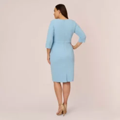 Adrianna Papell Plus Size Knit Crepe Bow Sheath Dress With Three Quarter Sleeves In Blue Mist 10 Adrianna Papell Plus Size Knit Crepe Bow Sheath Dress With Three Quarter Sleeves In Blue Mist -Glam Mirth Sales AP1D103175 AB484 Plus Back