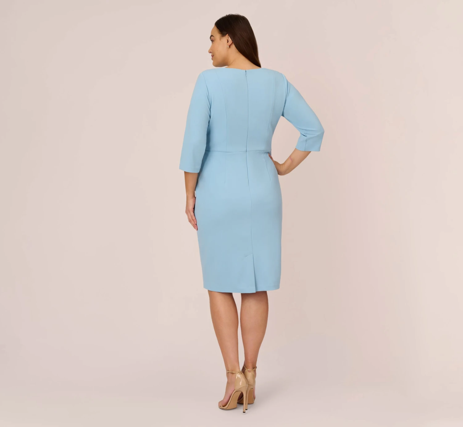 Adrianna Papell Plus Size Knit Crepe Bow Sheath Dress With Three Quarter Sleeves In Blue Mist 4 Adrianna Papell Plus Size Knit Crepe Bow Sheath Dress With Three Quarter Sleeves In Blue Mist - Image 4