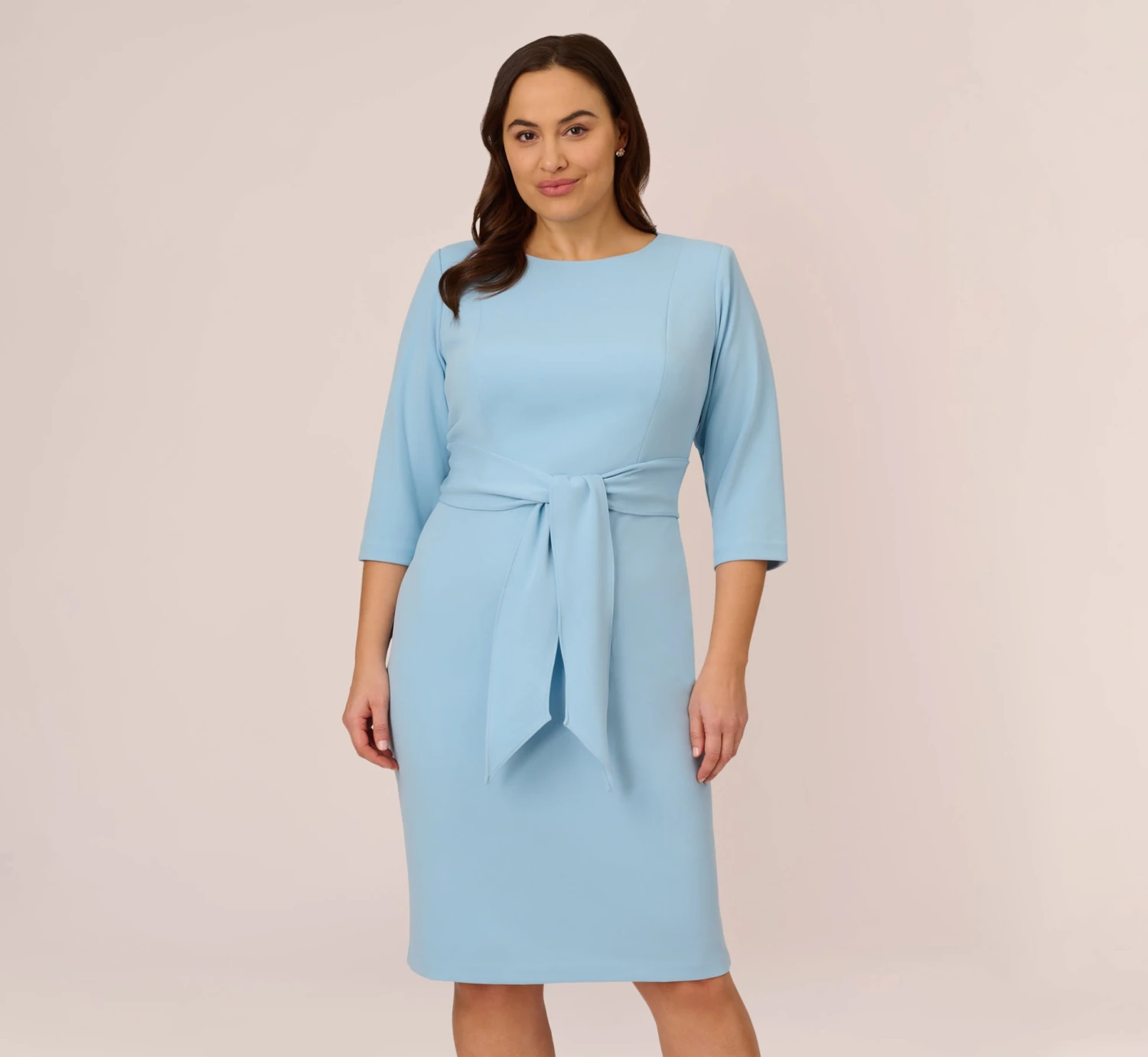 Adrianna Papell Plus Size Knit Crepe Bow Sheath Dress With Three Quarter Sleeves In Blue Mist 1 Adrianna Papell Plus Size Knit Crepe Bow Sheath Dress With Three Quarter Sleeves In Blue Mist
