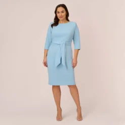 Adrianna Papell Plus Size Knit Crepe Bow Sheath Dress With Three Quarter Sleeves In Blue Mist 13 Adrianna Papell Plus Size Knit Crepe Bow Sheath Dress With Three Quarter Sleeves In Blue Mist -Glam Mirth Sales AP1D103175 AB484 Plus Front