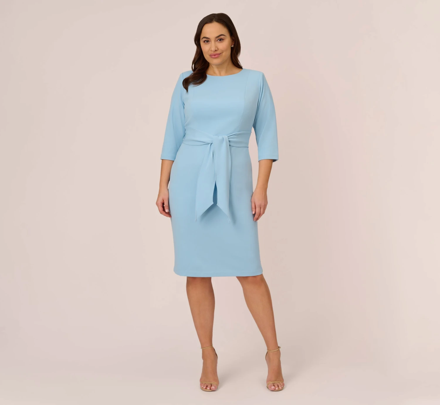 Adrianna Papell Plus Size Knit Crepe Bow Sheath Dress With Three Quarter Sleeves In Blue Mist 7 Adrianna Papell Plus Size Knit Crepe Bow Sheath Dress With Three Quarter Sleeves In Blue Mist - Image 7