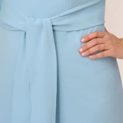 Adrianna Papell Plus Size Knit Crepe Bow Sheath Dress With Three Quarter Sleeves In Blue Mist 11 Adrianna Papell Plus Size Knit Crepe Bow Sheath Dress With Three Quarter Sleeves In Blue Mist -Glam Mirth Sales AP1D103175 AB484 Plus Lifestyle