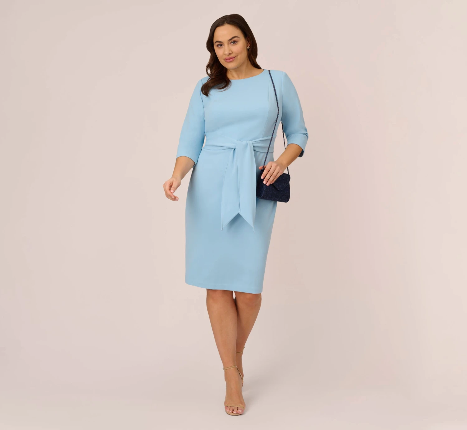 Adrianna Papell Plus Size Knit Crepe Bow Sheath Dress With Three Quarter Sleeves In Blue Mist 2 Adrianna Papell Plus Size Knit Crepe Bow Sheath Dress With Three Quarter Sleeves In Blue Mist - Image 2