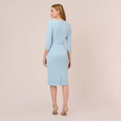 Adrianna Papell Knit Crepe Bow Sheath Dress With Three Quarter Sleeves In Blue Mist 9 Adrianna Papell Knit Crepe Bow Sheath Dress With Three Quarter Sleeves In Blue Mist -Glam Mirth Sales AP1D103175 AB484 Regular Back