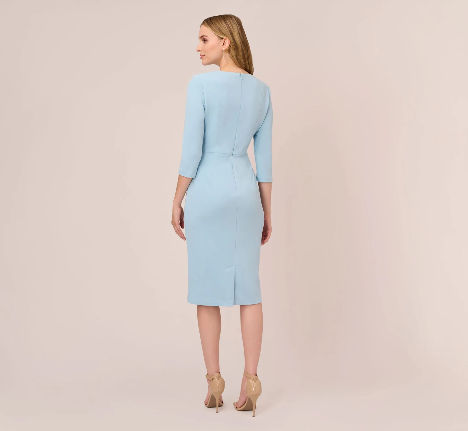 Adrianna Papell Knit Crepe Bow Sheath Dress With Three Quarter Sleeves In Blue Mist 4 Adrianna Papell Knit Crepe Bow Sheath Dress With Three Quarter Sleeves In Blue Mist - Image 4