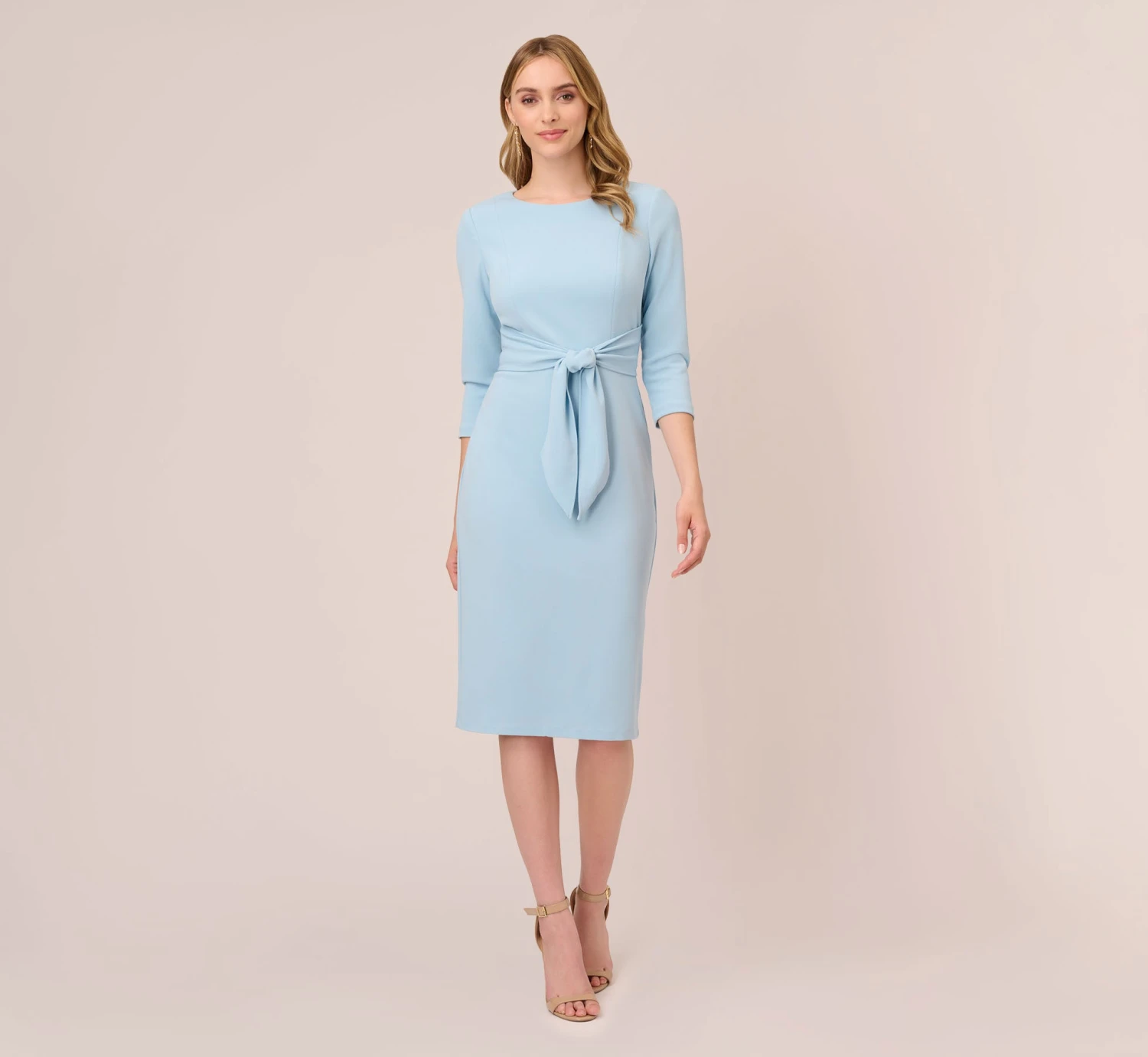 Adrianna Papell Knit Crepe Bow Sheath Dress With Three Quarter Sleeves In Blue Mist 1 Adrianna Papell Knit Crepe Bow Sheath Dress With Three Quarter Sleeves In Blue Mist