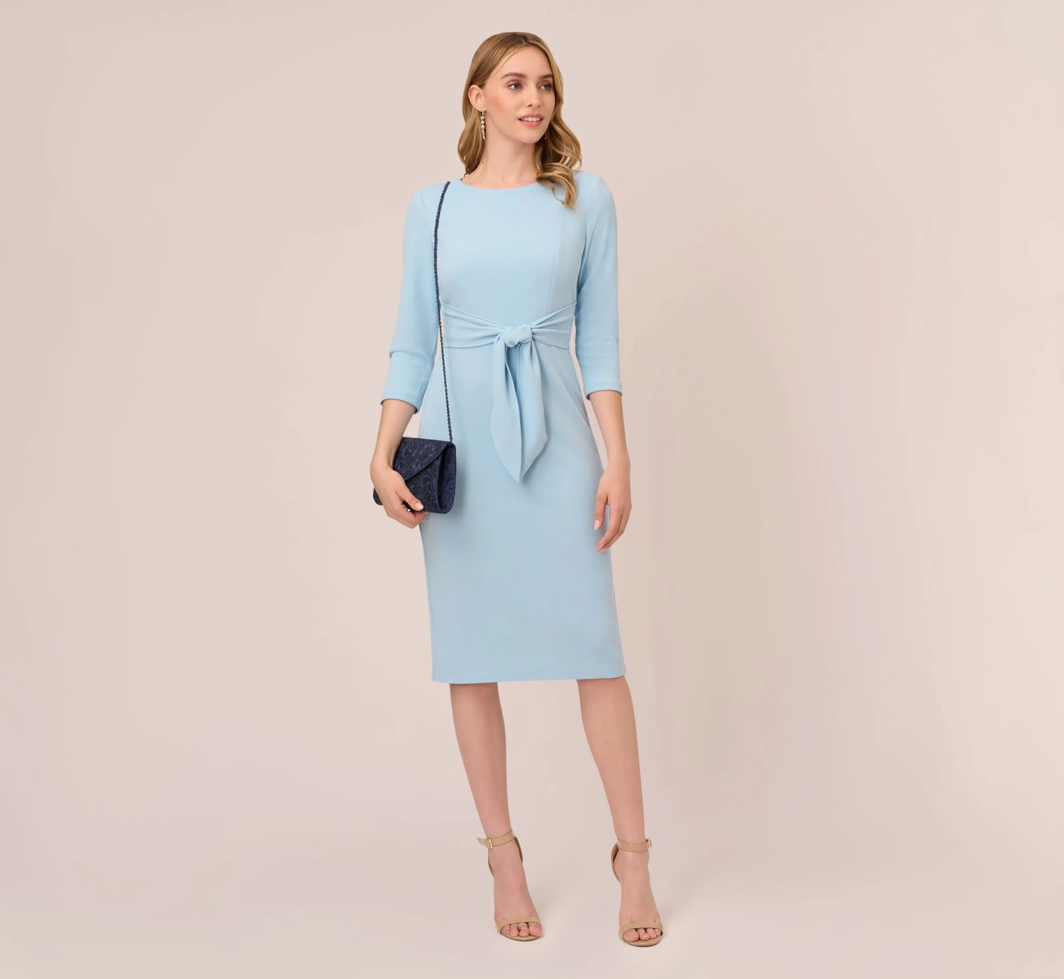 Adrianna Papell Knit Crepe Bow Sheath Dress With Three Quarter Sleeves In Blue Mist 2 Adrianna Papell Knit Crepe Bow Sheath Dress With Three Quarter Sleeves In Blue Mist - Image 2