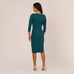 Adrianna Papell Knit Crepe Bow Sheath Dress With Three Quarter Sleeves In Hunter 10 Adrianna Papell Knit Crepe Bow Sheath Dress With Three Quarter Sleeves In Hunter -Glam Mirth Sales AP1D103175 AE303 Regular Back