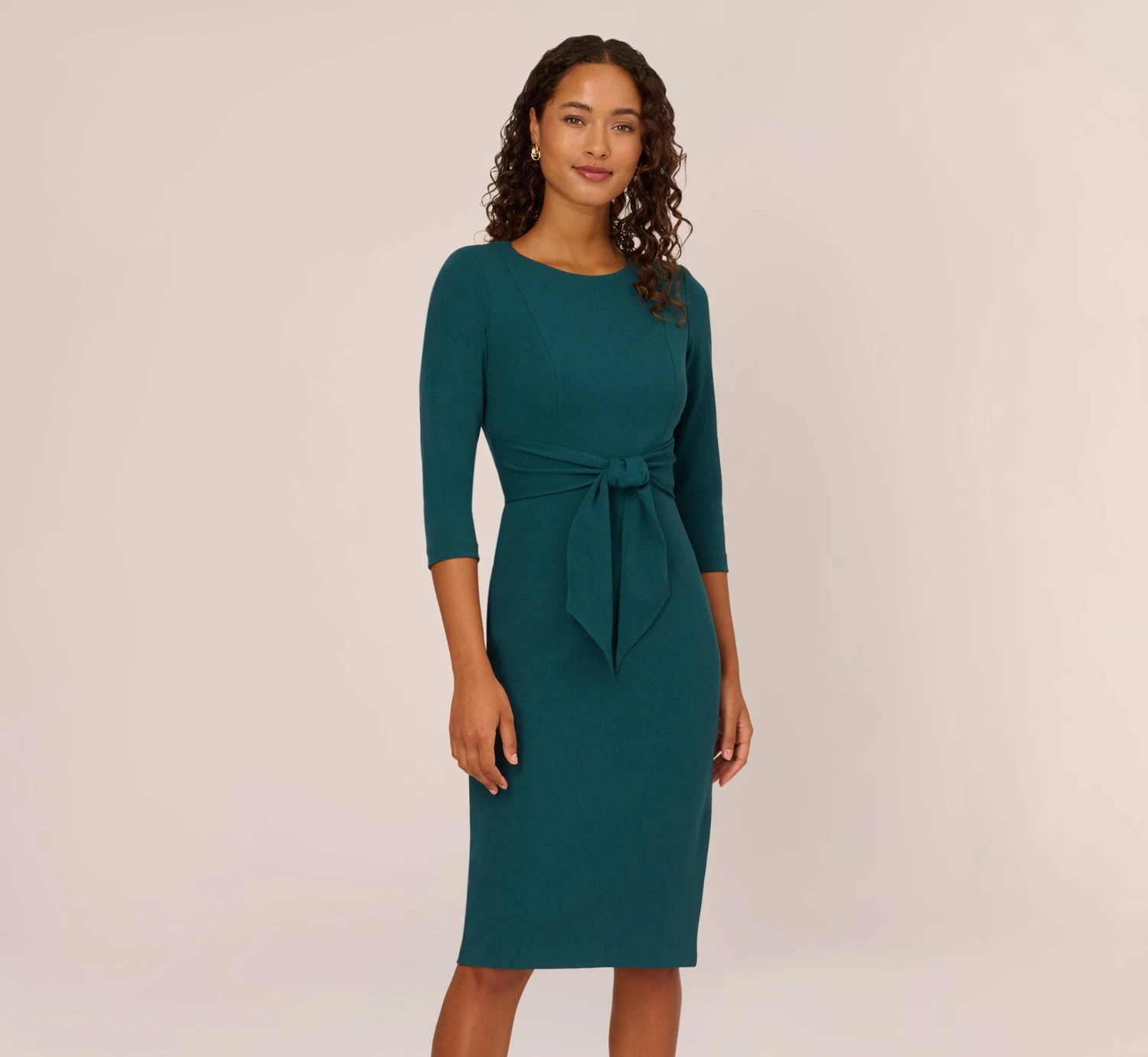 Adrianna Papell Knit Crepe Bow Sheath Dress With Three Quarter Sleeves In Hunter 1 Adrianna Papell Knit Crepe Bow Sheath Dress With Three Quarter Sleeves In Hunter