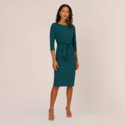 Adrianna Papell Knit Crepe Bow Sheath Dress With Three Quarter Sleeves In Hunter 13 Adrianna Papell Knit Crepe Bow Sheath Dress With Three Quarter Sleeves In Hunter -Glam Mirth Sales AP1D103175 AE303 Regular Front