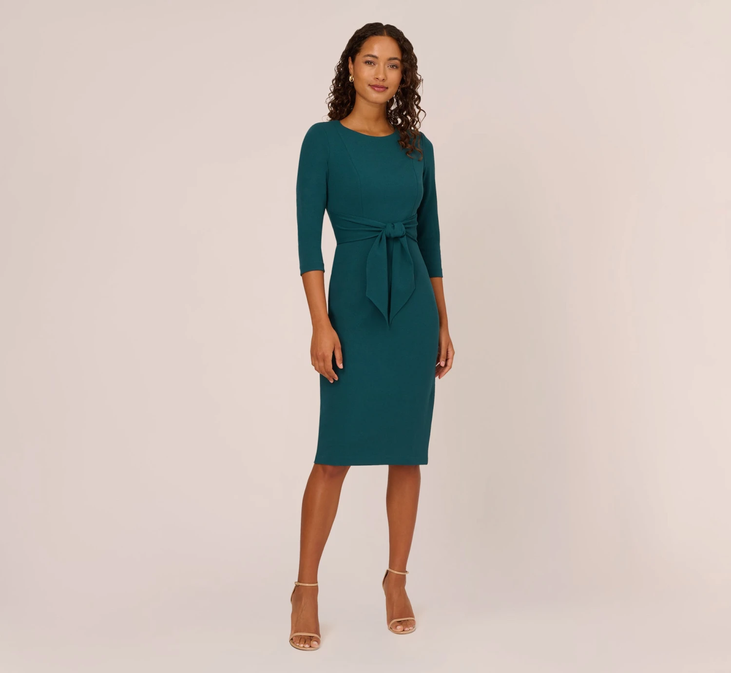 Adrianna Papell Knit Crepe Bow Sheath Dress With Three Quarter Sleeves In Hunter 7 Adrianna Papell Knit Crepe Bow Sheath Dress With Three Quarter Sleeves In Hunter - Image 7