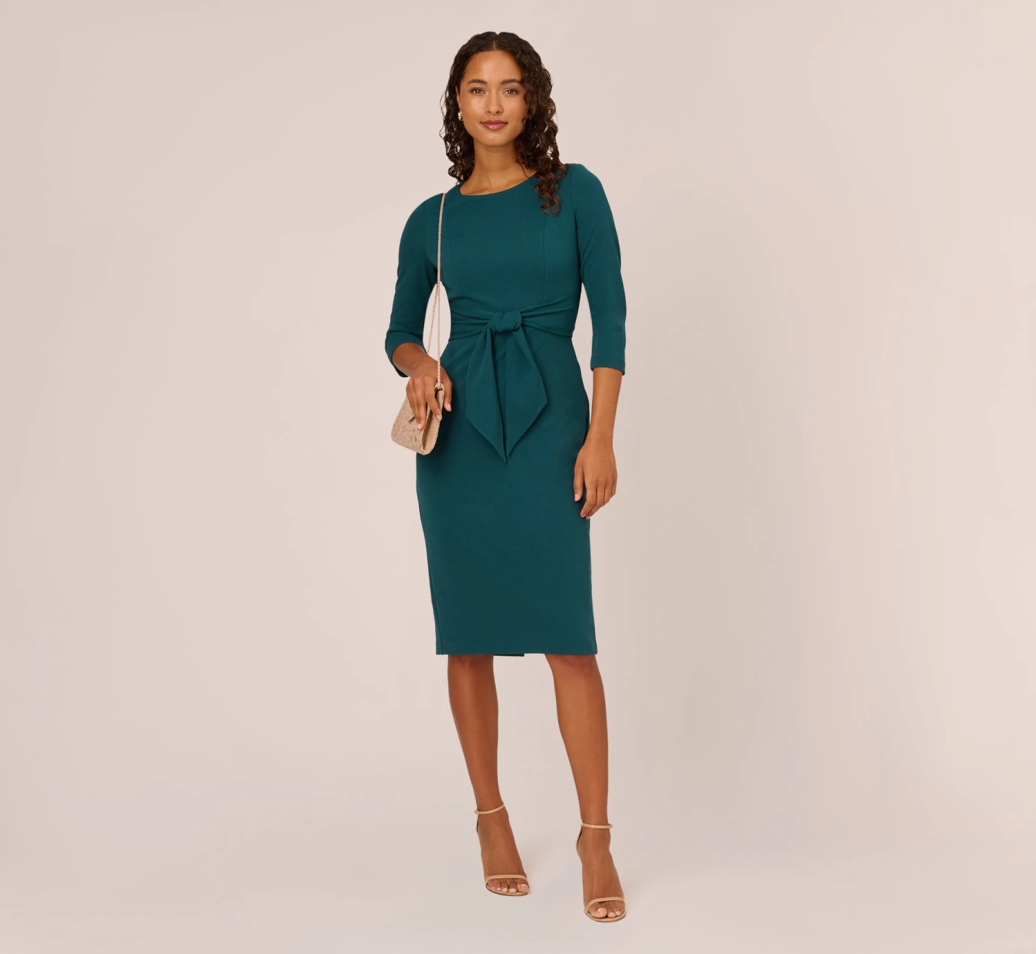 Adrianna Papell Knit Crepe Bow Sheath Dress With Three Quarter Sleeves In Hunter 2 Adrianna Papell Knit Crepe Bow Sheath Dress With Three Quarter Sleeves In Hunter - Image 2