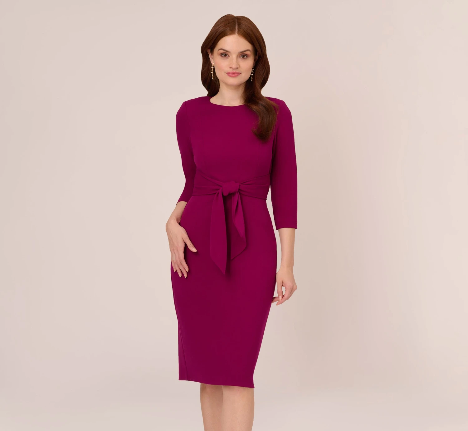 Adrianna Papell Knit Crepe Bow Sheath Dress With Three Quarter Sleeves In Wildberry 1 Adrianna Papell Knit Crepe Bow Sheath Dress With Three Quarter Sleeves In Wildberry
