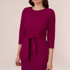 Adrianna Papell Knit Crepe Bow Sheath Dress With Three Quarter Sleeves In Wildberry 9 Adrianna Papell Knit Crepe Bow Sheath Dress With Three Quarter Sleeves In Wildberry -Glam Mirth Sales AP1D103175 AJ651 Regular Detail