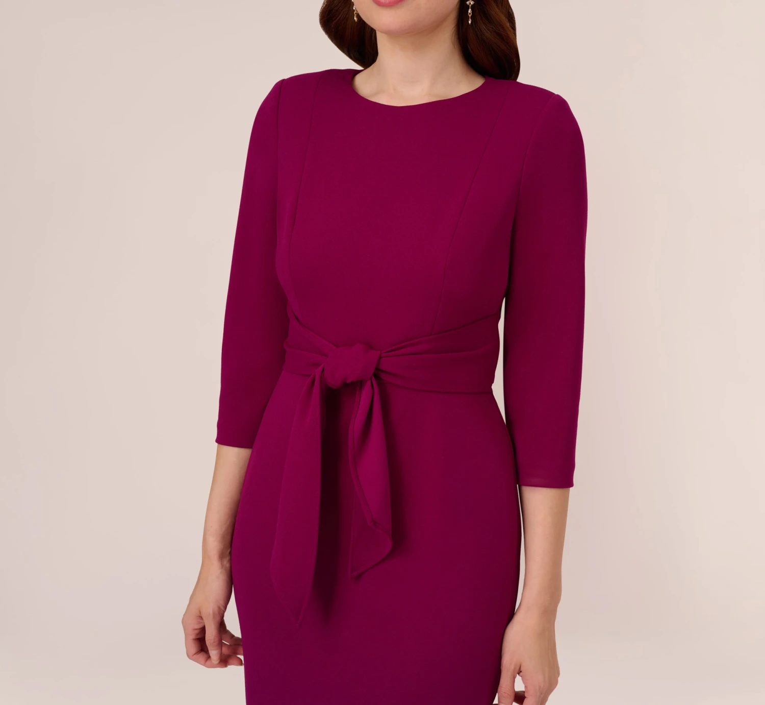 Adrianna Papell Knit Crepe Bow Sheath Dress With Three Quarter Sleeves In Wildberry 3 Adrianna Papell Knit Crepe Bow Sheath Dress With Three Quarter Sleeves In Wildberry - Image 3