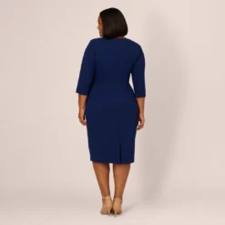 Adrianna Papell Plus Size Knit Crepe Bow Sheath Dress With Three Quarter Sleeves In Navy Sateen 10 Adrianna Papell Plus Size Knit Crepe Bow Sheath Dress With Three Quarter Sleeves In Navy Sateen -Glam Mirth Sales AP1D103175 AK412 Plus Back