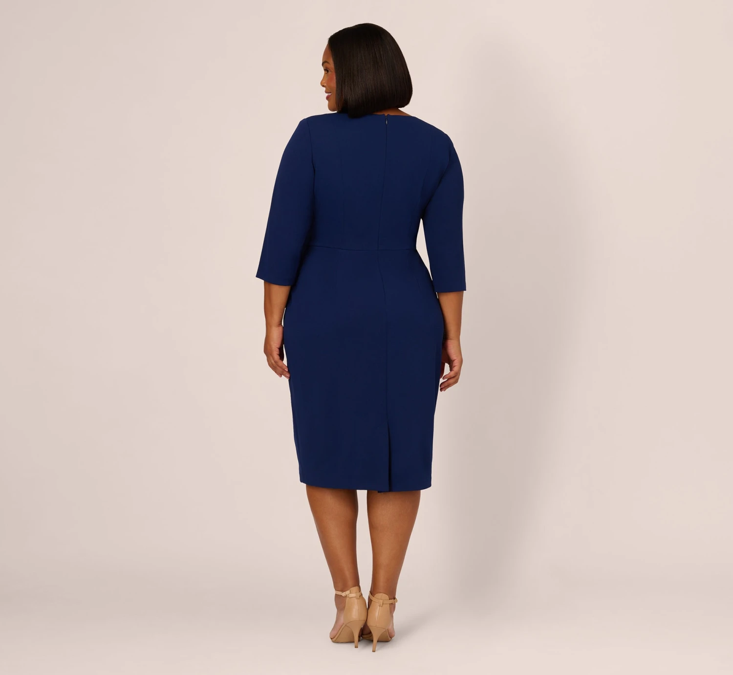 Adrianna Papell Plus Size Knit Crepe Bow Sheath Dress With Three Quarter Sleeves In Navy Sateen 4 Adrianna Papell Plus Size Knit Crepe Bow Sheath Dress With Three Quarter Sleeves In Navy Sateen - Image 4