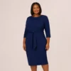 Adrianna Papell Plus Size Knit Crepe Bow Sheath Dress With Three Quarter Sleeves In Navy Sateen