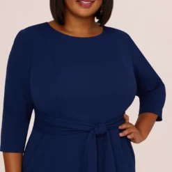 Adrianna Papell Plus Size Knit Crepe Bow Sheath Dress With Three Quarter Sleeves In Navy Sateen 9 Adrianna Papell Plus Size Knit Crepe Bow Sheath Dress With Three Quarter Sleeves In Navy Sateen -Glam Mirth Sales AP1D103175 AK412 Plus Detail