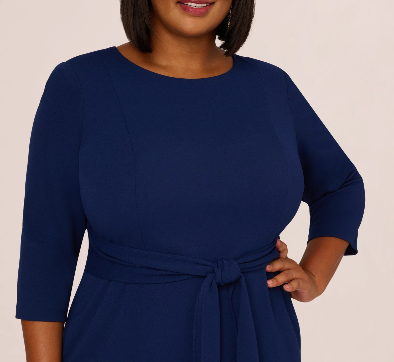 Adrianna Papell Plus Size Knit Crepe Bow Sheath Dress With Three Quarter Sleeves In Navy Sateen 3 Adrianna Papell Plus Size Knit Crepe Bow Sheath Dress With Three Quarter Sleeves In Navy Sateen - Image 3