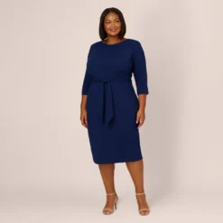 Adrianna Papell Plus Size Knit Crepe Bow Sheath Dress With Three Quarter Sleeves In Navy Sateen 12 Adrianna Papell Plus Size Knit Crepe Bow Sheath Dress With Three Quarter Sleeves In Navy Sateen -Glam Mirth Sales AP1D103175 AK412 Plus Front