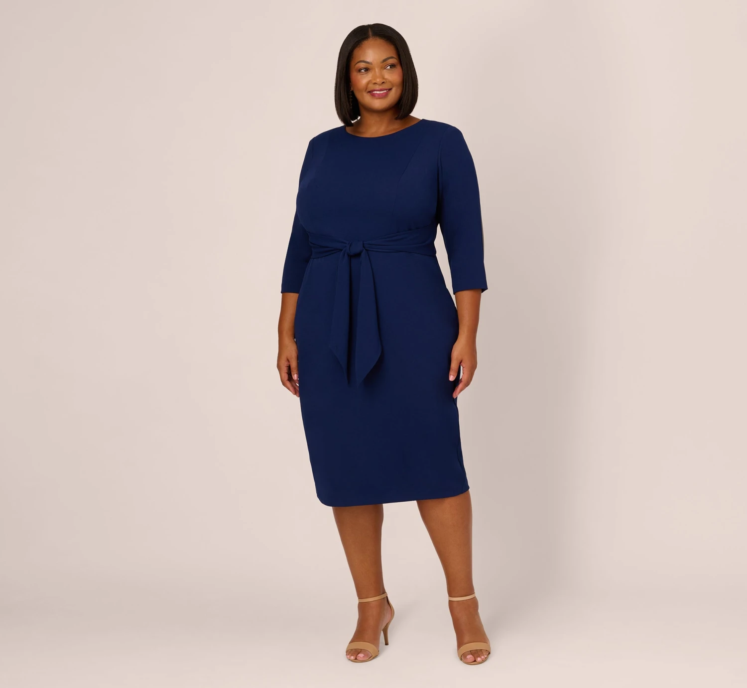 Adrianna Papell Plus Size Knit Crepe Bow Sheath Dress With Three Quarter Sleeves In Navy Sateen 6 Adrianna Papell Plus Size Knit Crepe Bow Sheath Dress With Three Quarter Sleeves In Navy Sateen - Image 6