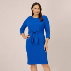 Adrianna Papell Plus Size Knit Crepe Bow Sheath Dress With Three Quarter Sleeves In Violet Cobalt