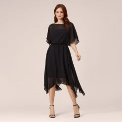 Adrianna Papell Chiffon Blouson Midi Dress With Flutter Sleeves In Black