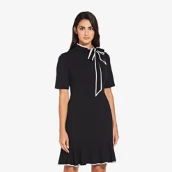 Adrianna Papell Mock Neck Dress With Contrasting Bowtie In Black Ivory