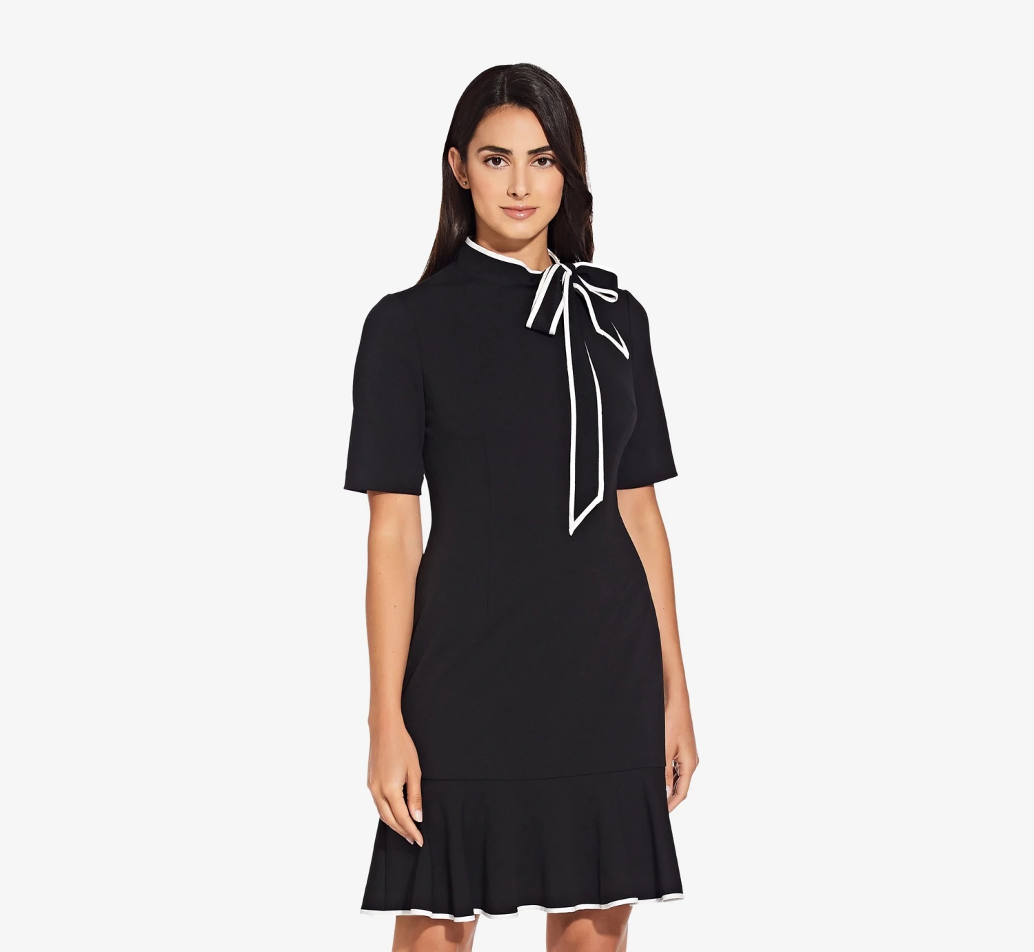 Adrianna Papell Mock Neck Dress With Contrasting Bowtie In Black Ivory 1 Adrianna Papell Mock Neck Dress With Contrasting Bowtie In Black Ivory