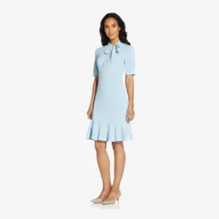 Adrianna Papell Mock Neck Dress With Contrasting Bowtie In Blue Mist 6 Adrianna Papell Mock Neck Dress With Contrasting Bowtie In Blue Mist -Glam Mirth Sales AP1D103529 AB484 Regular Alternate