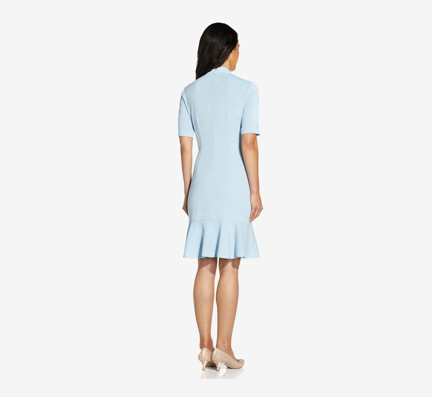 Adrianna Papell Mock Neck Dress With Contrasting Bowtie In Blue Mist 2 Adrianna Papell Mock Neck Dress With Contrasting Bowtie In Blue Mist - Image 2