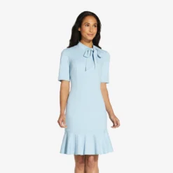Adrianna Papell Mock Neck Dress With Contrasting Bowtie In Blue Mist