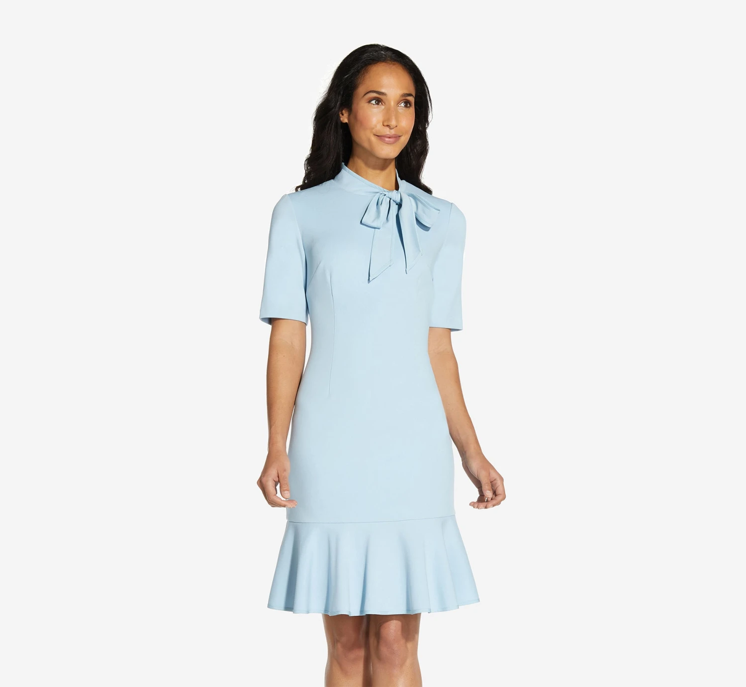Adrianna Papell Mock Neck Dress With Contrasting Bowtie In Blue Mist 1 Adrianna Papell Mock Neck Dress With Contrasting Bowtie In Blue Mist