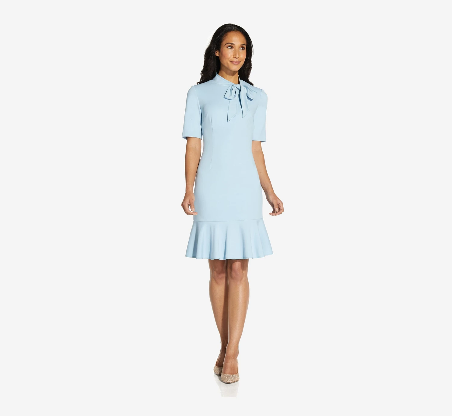 Adrianna Papell Mock Neck Dress With Contrasting Bowtie In Blue Mist 4 Adrianna Papell Mock Neck Dress With Contrasting Bowtie In Blue Mist - Image 4