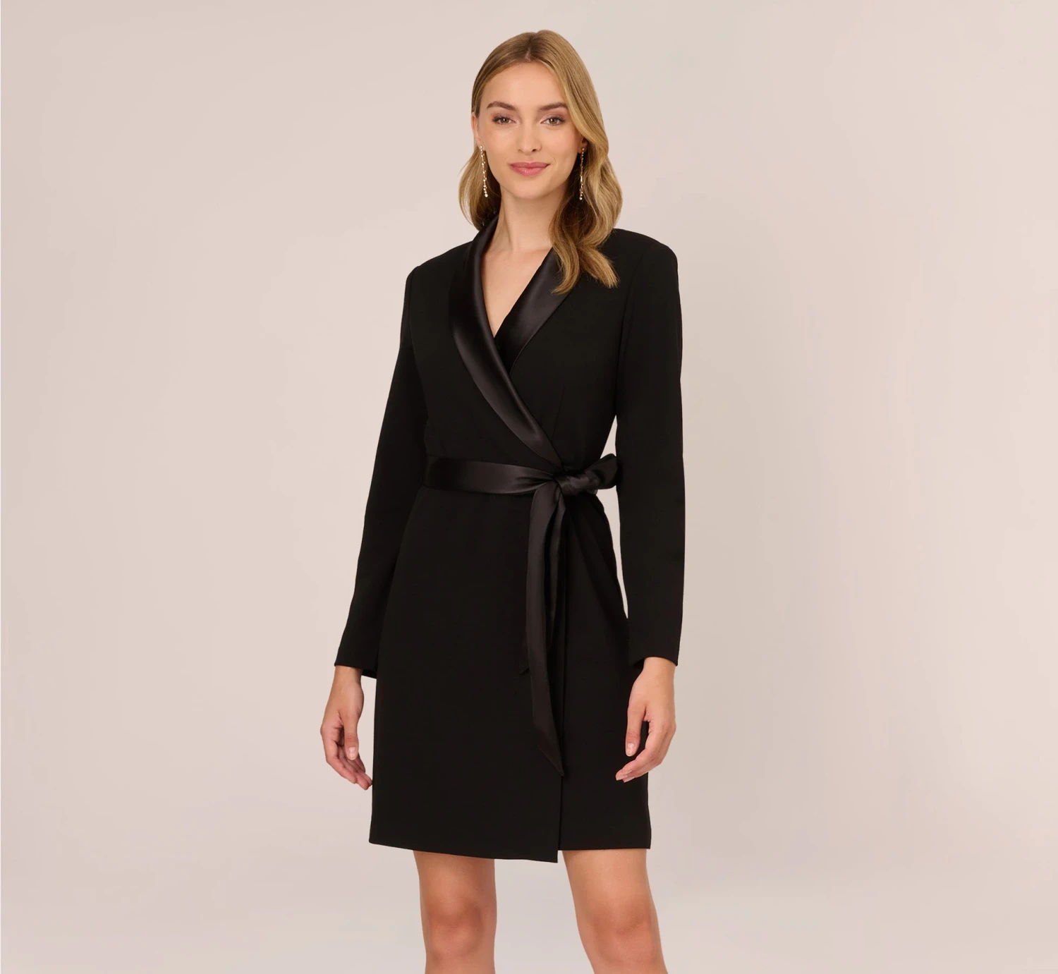 Adrianna Papell Long Sleeve Crepe Dress With Tuxedo Collar In Black 1 Adrianna Papell Long Sleeve Crepe Dress With Tuxedo Collar In Black