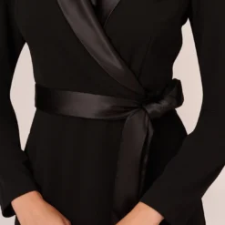 Adrianna Papell Long Sleeve Crepe Dress With Tuxedo Collar In Black 11 Adrianna Papell Long Sleeve Crepe Dress With Tuxedo Collar In Black -Glam Mirth Sales AP1D103561 AA002 Regular Lifestyle