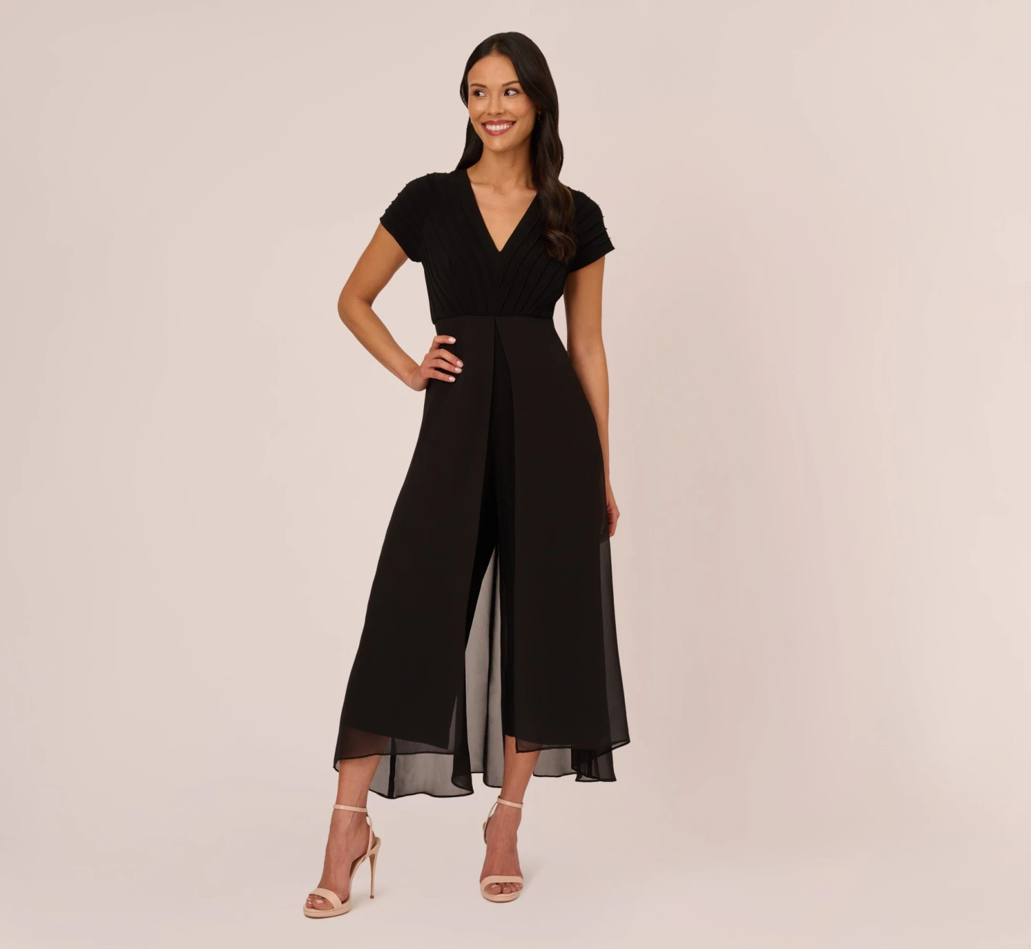 Adrianna Papell Cropped Jumpsuit With Pintuck Bodice In Black 1 Adrianna Papell Cropped Jumpsuit With Pintuck Bodice In Black