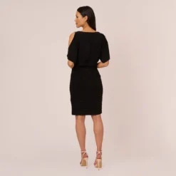 Adrianna Papell Blouson Pintucked Dress With Cold Shoulder Sleeves In Black -Glam Mirth Sales AP1D104087 AA002 Regular Back