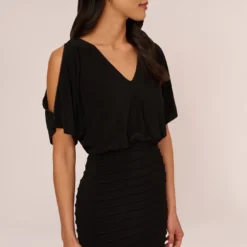 Adrianna Papell Blouson Pintucked Dress With Cold Shoulder Sleeves In Black -Glam Mirth Sales AP1D104087 AA002 Regular Detail