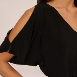 Adrianna Papell Blouson Pintucked Dress With Cold Shoulder Sleeves In Black -Glam Mirth Sales AP1D104087 AA002 Regular Lifestyle