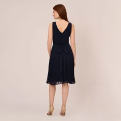Adrianna Papell Draped Fit-And-Flare Dress In Blue Moon -Glam Mirth Sales AP1D104097 AA411 Regular Back