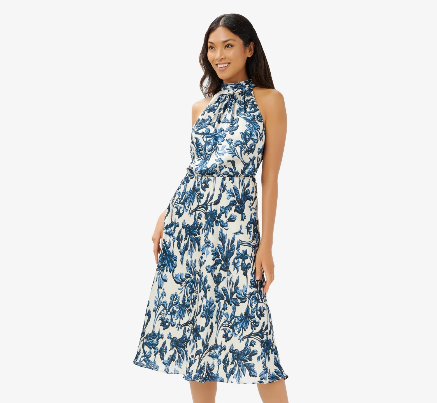 Adrianna Papell Printed Bias Halter Dress In Blue Multi 1 Adrianna Papell Printed Bias Halter Dress In Blue Multi