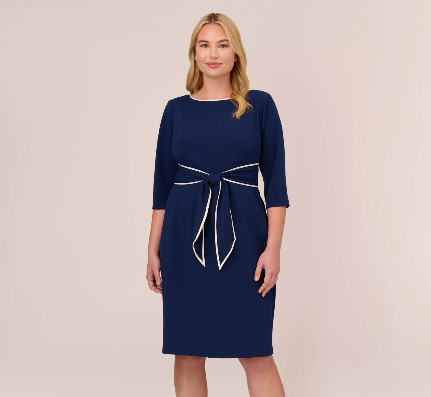 Adrianna Papell Plus Size Knit Crepe Tie Dress In Navy Sateen Ivory 1 Adrianna Papell Plus Size Knit Crepe Tie Dress In Navy Sateen Ivory