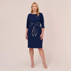 Adrianna Papell Plus Size Knit Crepe Tie Dress In Navy Sateen Ivory 14 Adrianna Papell Plus Size Knit Crepe Tie Dress In Navy Sateen Ivory -Glam Mirth Sales AP1D104307 AK411 Plus Front