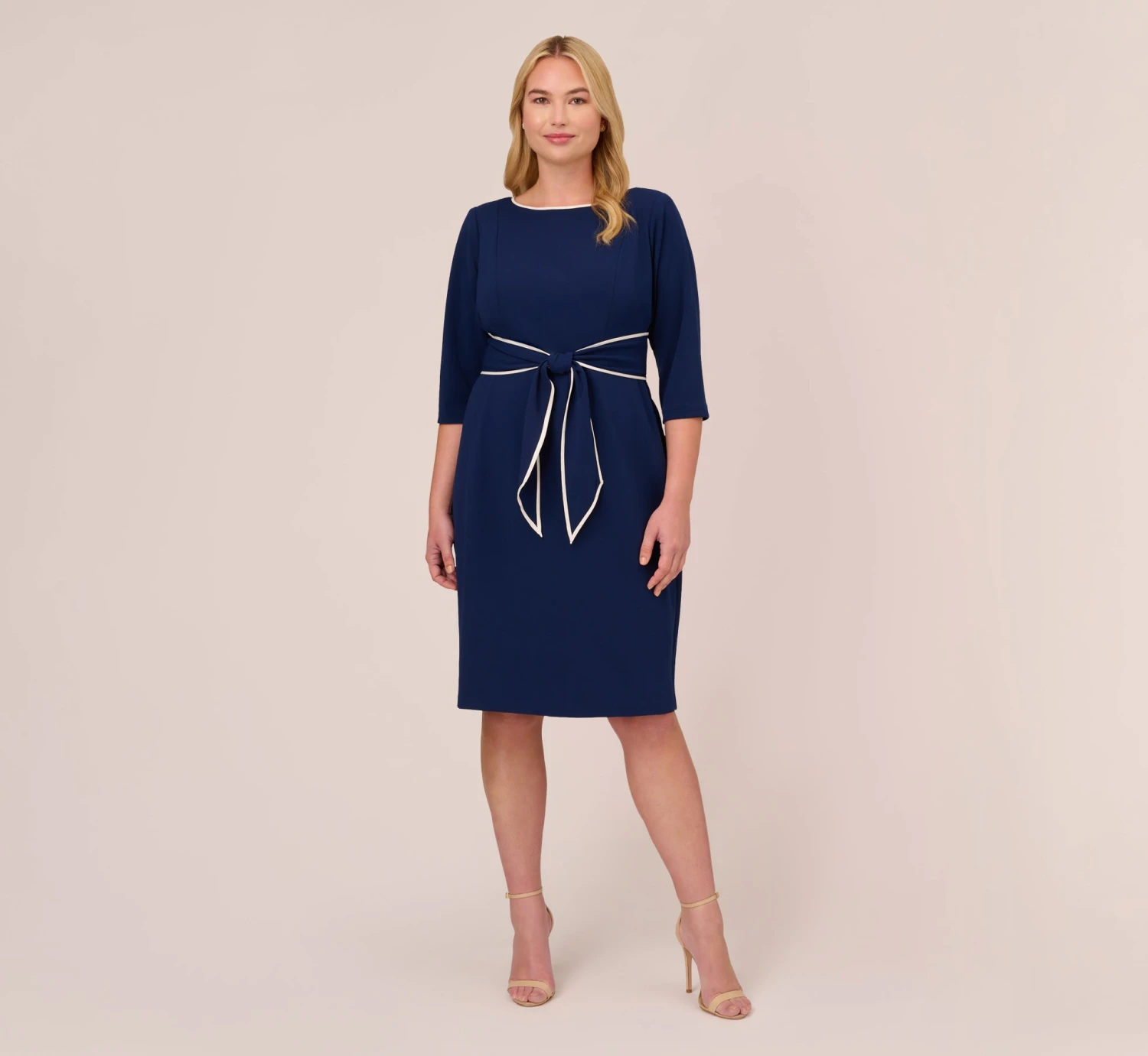 Adrianna Papell Plus Size Knit Crepe Tie Dress In Navy Sateen Ivory 7 Adrianna Papell Plus Size Knit Crepe Tie Dress In Navy Sateen Ivory - Image 7