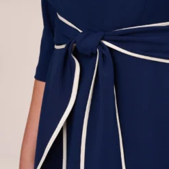 Adrianna Papell Plus Size Knit Crepe Tie Dress In Navy Sateen Ivory 10 Adrianna Papell Plus Size Knit Crepe Tie Dress In Navy Sateen Ivory -Glam Mirth Sales AP1D104307 AK411 Plus Lifestyle